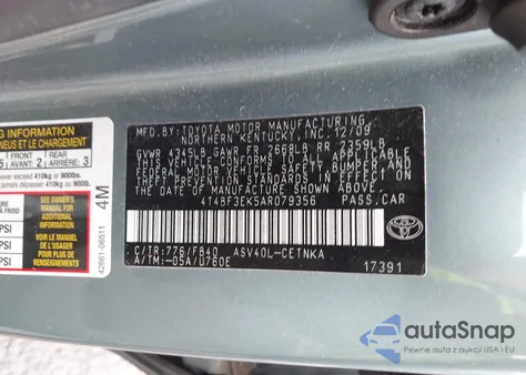 2010 Toyota Camry Le z USA, uszkodzony, nr VIN 4T4BF3EK5AR079356